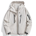 Detail of off-white outdoor jacket with breathable mesh lining and waterproof zippers - S / Ivory