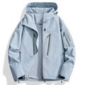Men's light blue hooded outdoor jacket with exploration print and waterproof design - S / Ethereal Blue