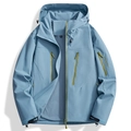 Men's light blue waterproof hiking jacket with yellow zippers and drawstring hood - S / Lake Blue