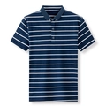 Dettaglio polo a righe blu navy e bianche con colletto classico e tre bottoni sul davanti - M / Blu