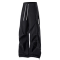 Men's loose black techwear cargo pants with white contrast stitching and drawstring waist - S / Black