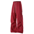 Pantalon cargo rouge foncé à coupe large avec surpiqûres blanches et taille à cordon - S / Rouge Vermillon