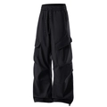 Waterproof black cargo pants with elastic drawstring waist and large side pockets - S / Black