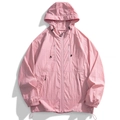 Detail of pink hooded sun protection jacket with zip pockets and textured nylon fabric - Sakura Pink