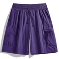 Detail showing elastic waist with drawstring and flap cargo pockets on purple shorts - S / Dark Purple