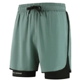 Men's 2-in-1 quick-dry sports shorts in green with black compression liner and drawstring - Army Green