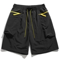 Detail of men cargo shorts with yellow drawstrings and contrasting side zipper pockets - M / Black