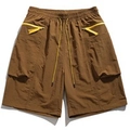 Detail of coffee brown cargo shorts with yellow zip pockets and elastic drawstring waist - M / Red Brown