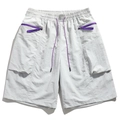 Detail of light gray cargo shorts featuring purple drawstring and decorative zipper pocket - M / Light Gray