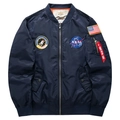 Navy blauwe NASA bomberjack voor heren met geborduurde badges en vluchtlabel hanger - M / Donkerblauw