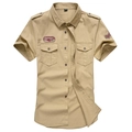 Khaki katoenen herenoverhemd met korte mouwen in militaire stijl en schouderbanden - 6XL / Tops / Khaki