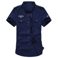 Slim fit marineblauw cargooverhemd met korte mouwen, epauletten en dubbele borstzakken - 6XL / Tops / Blauw