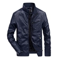 Detail of navy blue PU leather jacket showing stand collar and metallic zipper texture - Dark Blue