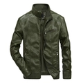 Detail view of the green men's faux leather jacket showing stand collar and zipper texture - Dark Green