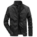 Detailed close-up of ribbed stand collar and premium texture on black PU leather jacket - Black