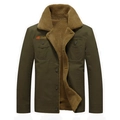 Men's winter military green canvas jacket with thick brown fleece lining and buttoned pockets - M / Army Green