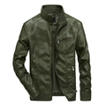 Men's dark green slim fit PU leather jacket with stand collar and zipper pockets - M / Green