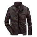 Men's slim fit PU leather jacket in dark burgundy with stand collar and zipper pockets - M / Coffee