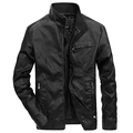 Slim fit men's black PU leather jacket with ribbed stand collar and zipper pockets - M / Black
