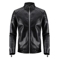 Classic black faux leather biker jacket for men featuring a stand collar and quilted shoulders - M / Black