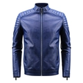 Dark blue men's PU leather motorcycle jacket featuring quilted shoulders and stand collar - M / Dark Blue