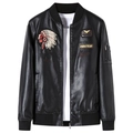 Detaillierte Stickereien auf schwarzer Kunstleder-Fliegerjacke mit Rippbündchen - 3XL / Nicht Gefüttert / Schwarz