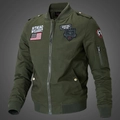 Army green bomber jacket for men with embroidered tactical patches and ribbed trims - M / Tops / Army Green