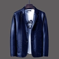 Classic navy blue men's PU leather blazer jacket with notched lapels and two-button closure - 3XL / Blue