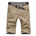 Men's khaki slim fit shorts with black leather belt and plaid inner hem detail - EU 28 / Khaki