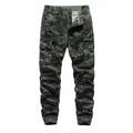 Close-up of forest camo cargo pants with side flap pockets and elastic jogger cuffs - Army Green