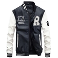 Heren varsity jack van zwart en wit PU-leer met honkbalkraag en patches met letters - M / Zwart-wit Patchwork