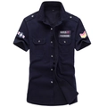 Camisa militar de hombre azul marino de manga corta con charreteras y parches bordados - M / Azul zafiro