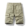 Slim fit khaki cargo shorts for men featuring elastic drawstring waist and side flap pockets - Khaki