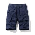 Men's dark blue cargo shorts with elastic drawstring waist and side flap pockets - Blue