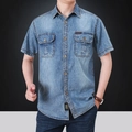 Chemise en jean bleu clair à manches courtes pour homme en coton avec poches de poitrine - 3XL / Bleu Moyen
