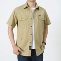 Camisa de trabajo caqui para hombre de algodón con manga corta y bolsillos - M / Caqui