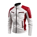 Slim fit red and white patchwork faux leather motorcycle jacket with stand collar - M / White