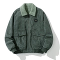 Men's dark green corduroy jacket with light green sherpa collar and utility pockets - 3XL / Army Green Fleece Lined