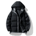 Men's winter puffer jacket in black with gray accents, hooded thermal bread coat style - M / Black