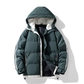 Men's dark green hooded puffer jacket with white sleeve stripes and thick padding - M / Green