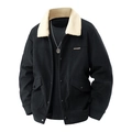 Schwarze Cordjacke für Herren mit beigem Fleece-Kragen und praktischen Pattentaschen - M / Schwarz