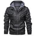 Close-up of black PU leather motorcycle jacket with grey hood and double zippers - S / Black