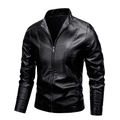 Men's slim fit faux leather jacket with stand collar and minimalist black biker design - M / Black