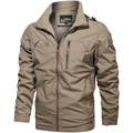 Men's outdoor work jacket in khaki color with windproof fabric and hood detail - M / Stand Collar Hooded Jacket / Khaki (8817 Style)