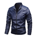 Slim fit dark blue faux leather biker jacket with stand collar for men's casual wear - M / Blue
