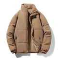 Men's khaki corduroy puffer jacket with stand collar and fashion patch detail - M / Khaki