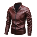 Men's slim fit faux leather jacket with stand collar in glossy burgundy motorcycle style - M / Burgundy