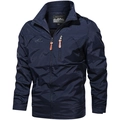 Men's outdoor cargo jacket in navy blue with waterproof fabric and stand collar - M / Stand Collar Hooded Jacket / Dark Blue (8817 Style)