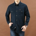 Men's relaxed long-sleeve cargo shirt in navy blue with outdoor decorative patch - Dark Blue