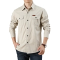 Men's loose casual long sleeve khaki work shirt with double pockets and leather patch - M / Off White
